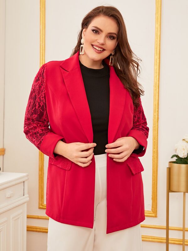

Plus Peak Collar Lace & Mesh Back Blazer, Red, Ella