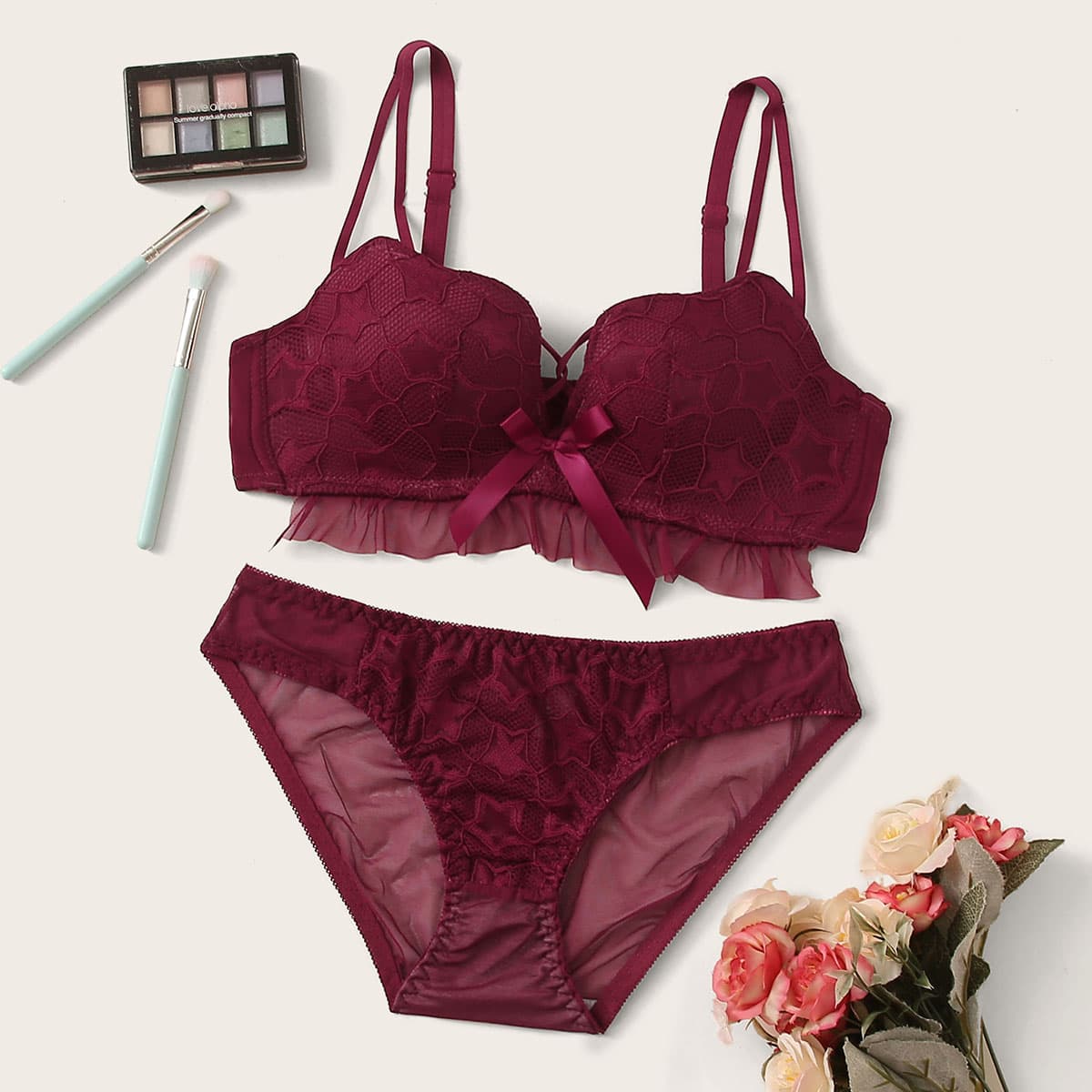 

Floral Lace Lingerie Set, Burgundy
