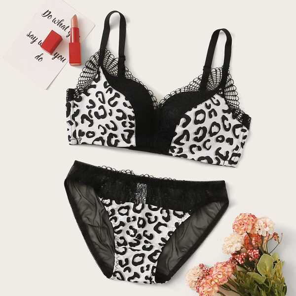 

Leopard Contrast Lace Lingerie Set, Black and white