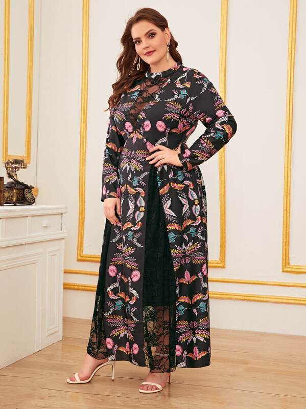 

Plus Botanical Print Lace Insert Godet Dress, Multicolor, Ella