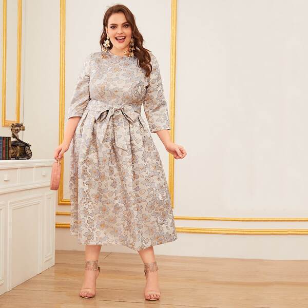 

Plus Zipper Back Jacquard Dress With Belt, Multicolor