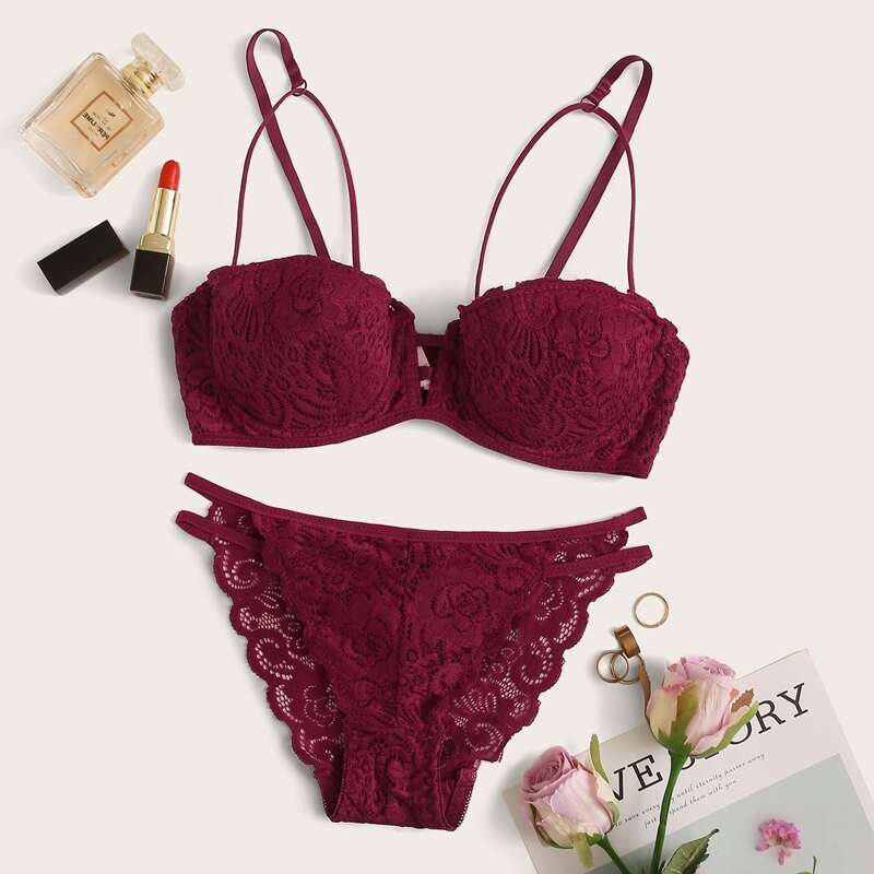 

Floral Lace Underwire Lingerie Set, Burgundy