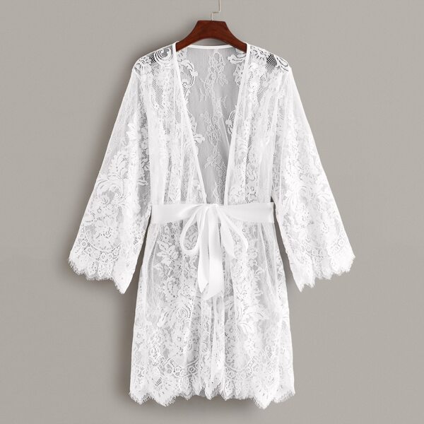 

Floral Lace Sheer Robe With Belt