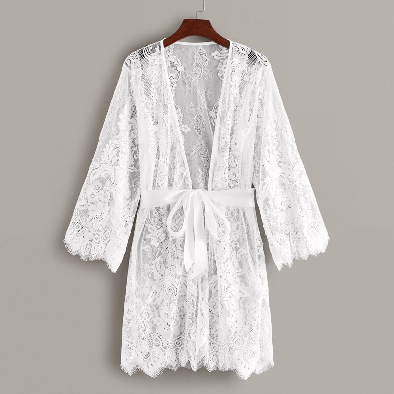 

Floral Lace Sheer Robe With Belt, White