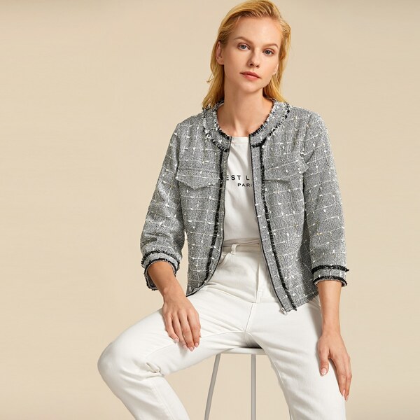 

Premium Zip Up Contrast Trim Tweed Jacket, Black and white
