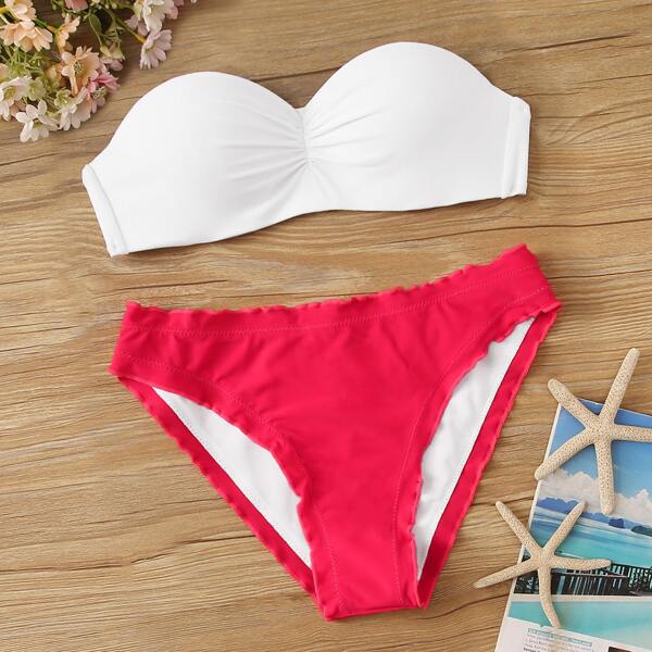 

Two Tone Bandeau Top With Cheeky Bikini Set