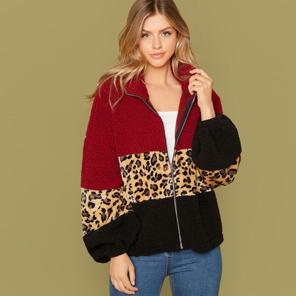 

Zip Up Colorblock Leopard Panel Teddy Jacket, Multicolor