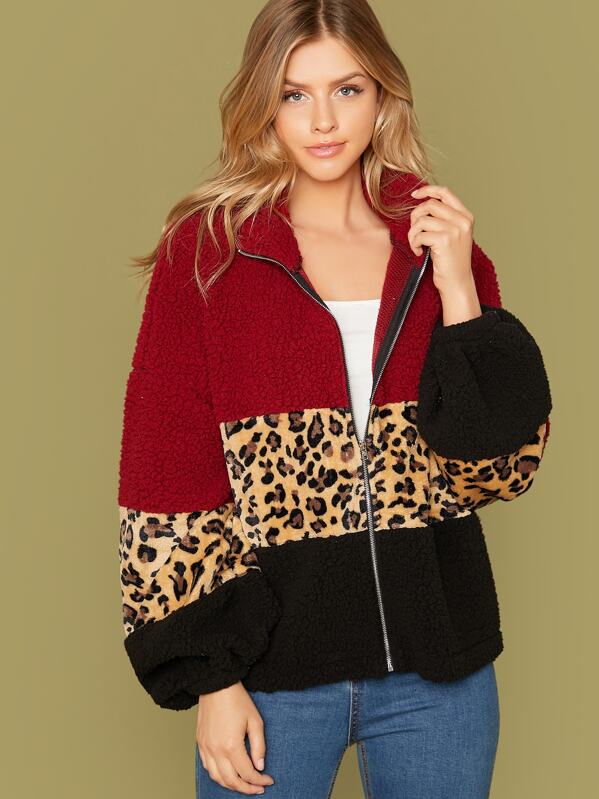 

Zip Up Colorblock Leopard Panel Teddy Jacket, Multicolor, Marina Laswick