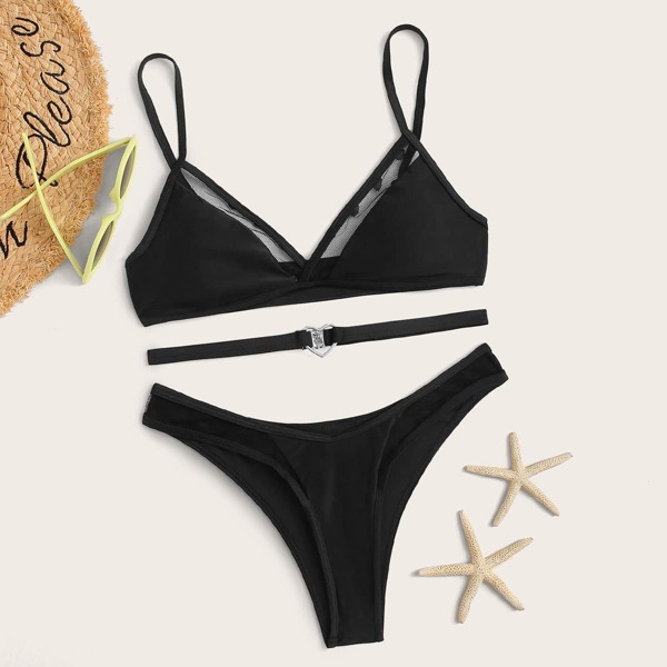 

Belted Contrast Mesh High Cut Bikini Swimsuit, Black