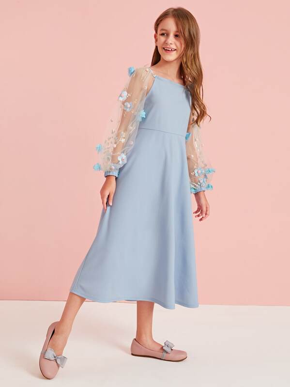 

Girls 3D Applique and Embroidered Mesh Bishop Sleeve Dress, Blue, Sashab