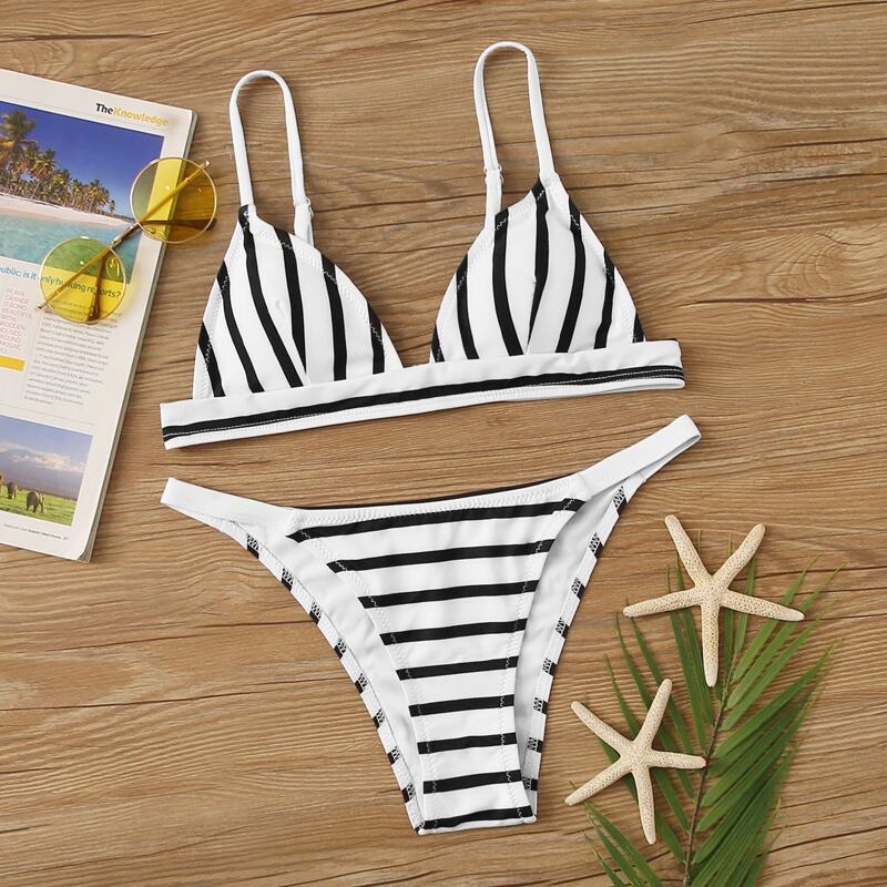 

Striped Top With Tanga Bikini Set, Black and white