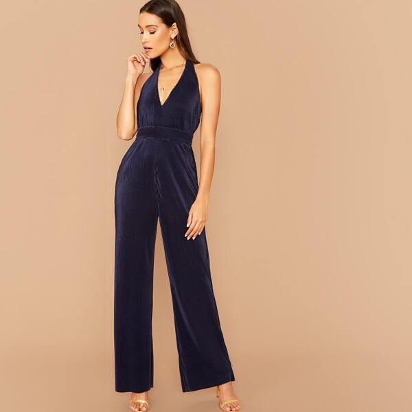 

Open Back Wide Leg Halter Jumpsuit, Navy
