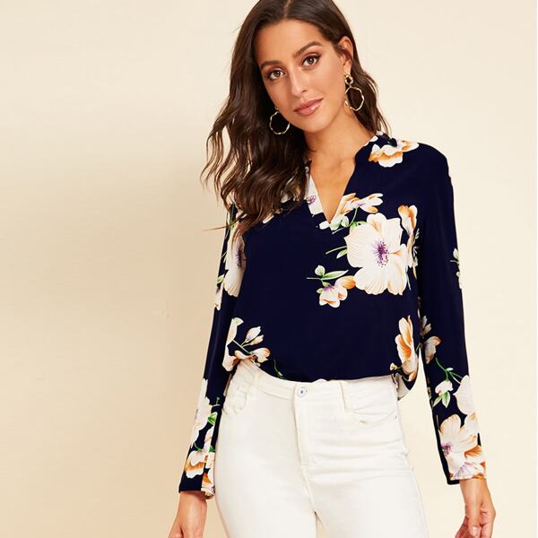 

Floral Print Split Neck Top, Navy blue