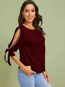 SHEIN Privé Top con cuenta con perla de manga con abertura con nudo - Burdeos - Ver 3