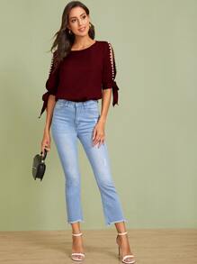 SHEIN Privé Top con cuenta con perla de manga con abertura con nudo - Burdeos - Ver 4
