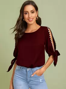 SHEIN Privé Top con cuenta con perla de manga con abertura con nudo - Burdeos - Ver 5
