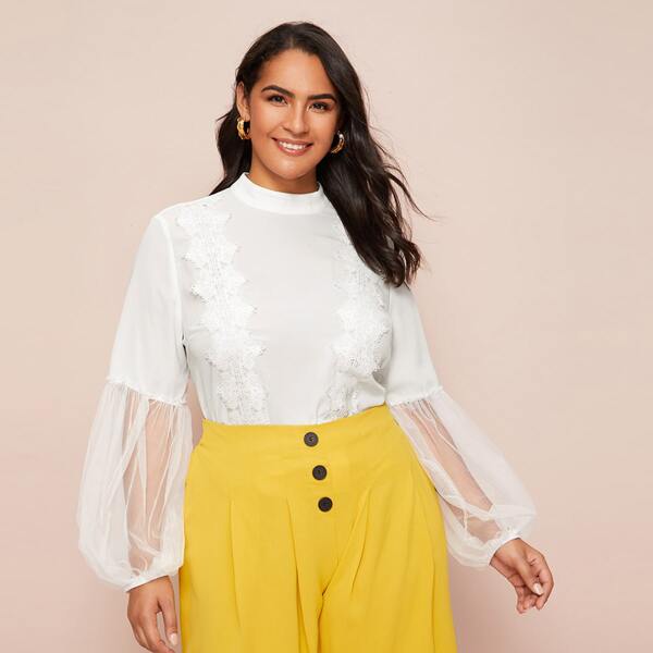 

Plus Lace Applique Mesh Balloon Sleeve Top, White