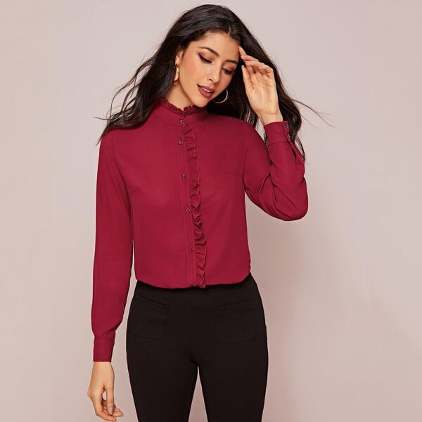 

Frill Trim Button Front Blouse, Burgundy