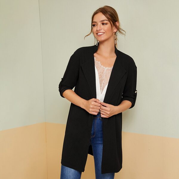 

Notched Collar Roll Tab Sleeve Coat, Black