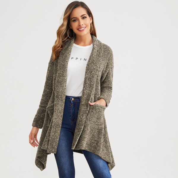 

Shawl Collar Pocket Front Hanky Hem Fleece Coat, Army green pastel