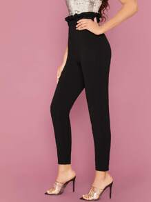 SHEIN Privé Paperbag Waist Plain Pants - Black - View 3