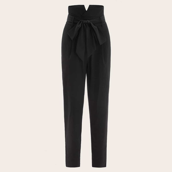 

Wrap Notch Wide Waistband Pleated Detail Belted Pants, Black