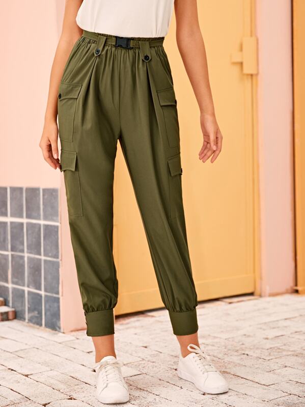 

Flap Pocket Detail Pants With Push Buckle Belt, Army green, Hanna