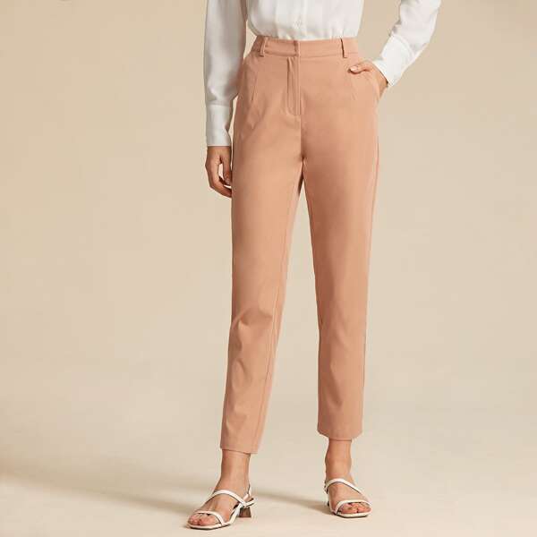 

Premium Zipper Fly Pocket Side Solid Pants, Pink pastel