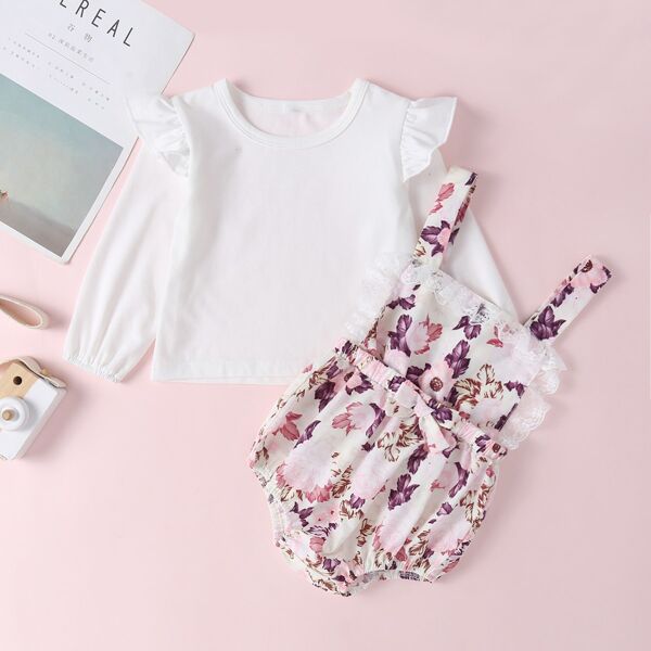 

Baby Girl Ruffle Tee With Lace Panel Allover Floral Overalls, Multicolor