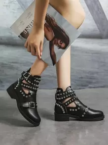 Studded Decor Cut Out Buckle Strap Ankle Boots - Black - View 1