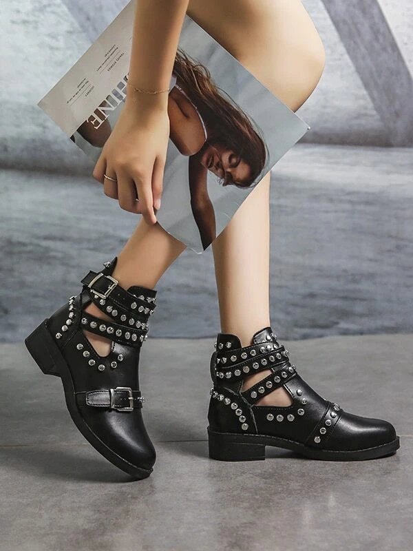 Studded Decor Cut Out Buckle Strap Ankle Boots - Black - View 1