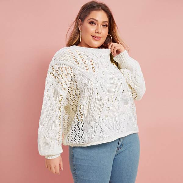 

Plus Drop Shoulder Open Knit Sweater, White