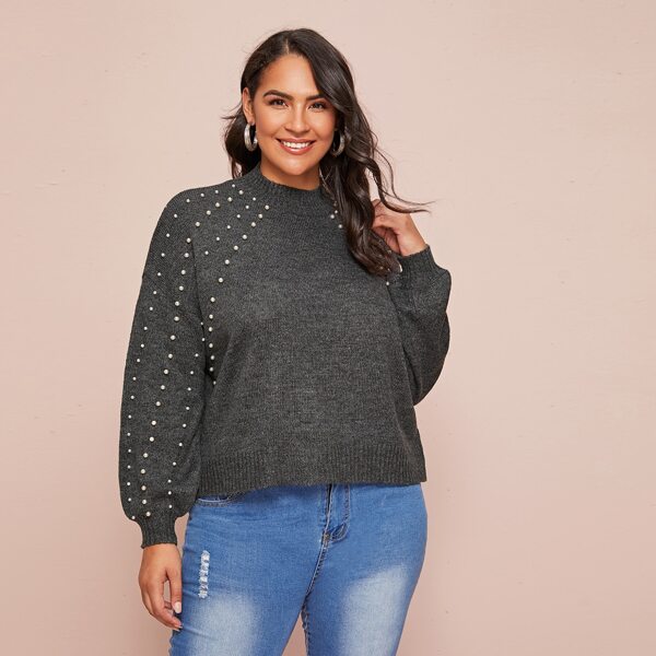 

Plus Drop Shoulder Pearls Beaded Sweater, Grey
