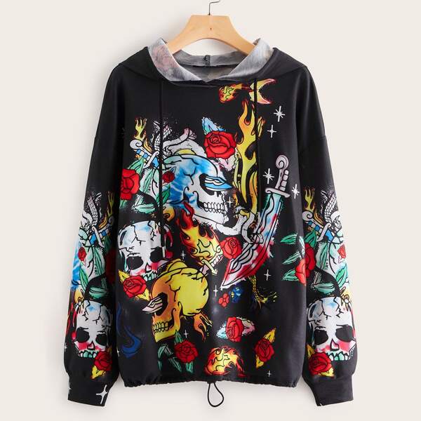 

Mixed Print Drawstring Hem Hoodie, Multicolor