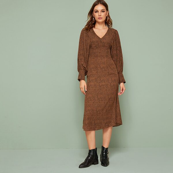 

Leopard Balloon Sleeve Midi Fitted Dress, Brown