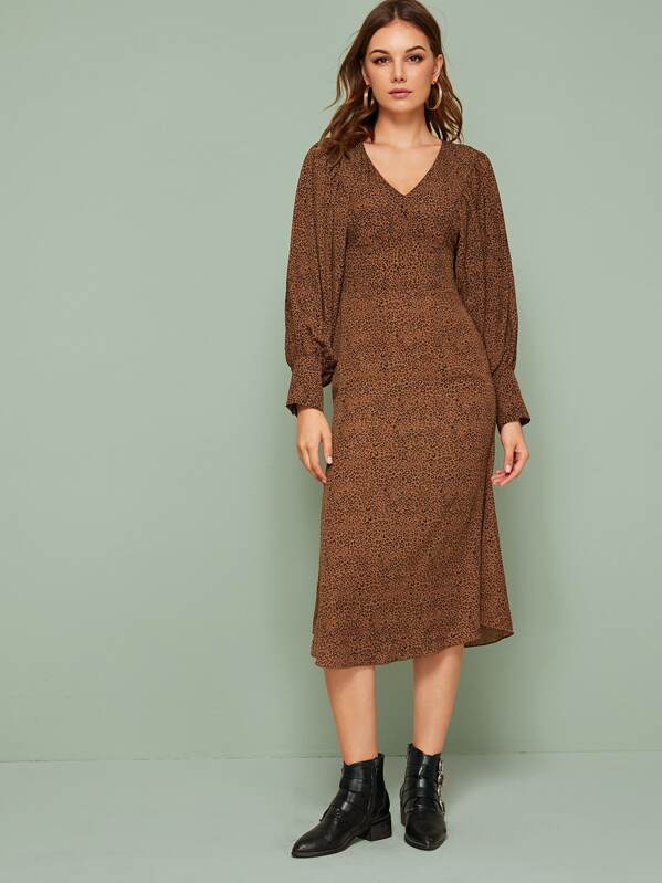 

Leopard Balloon Sleeve Midi Fitted Dress, Brown, Vlada