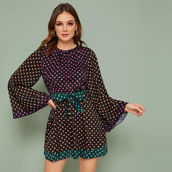 

Color-block Flounce Sleeve Belted Polka Dot Dress, Multicolor