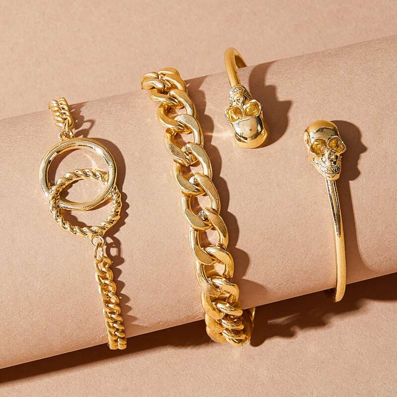 

3pcs Skull & Link Decor Chain Bracelet, Gold
