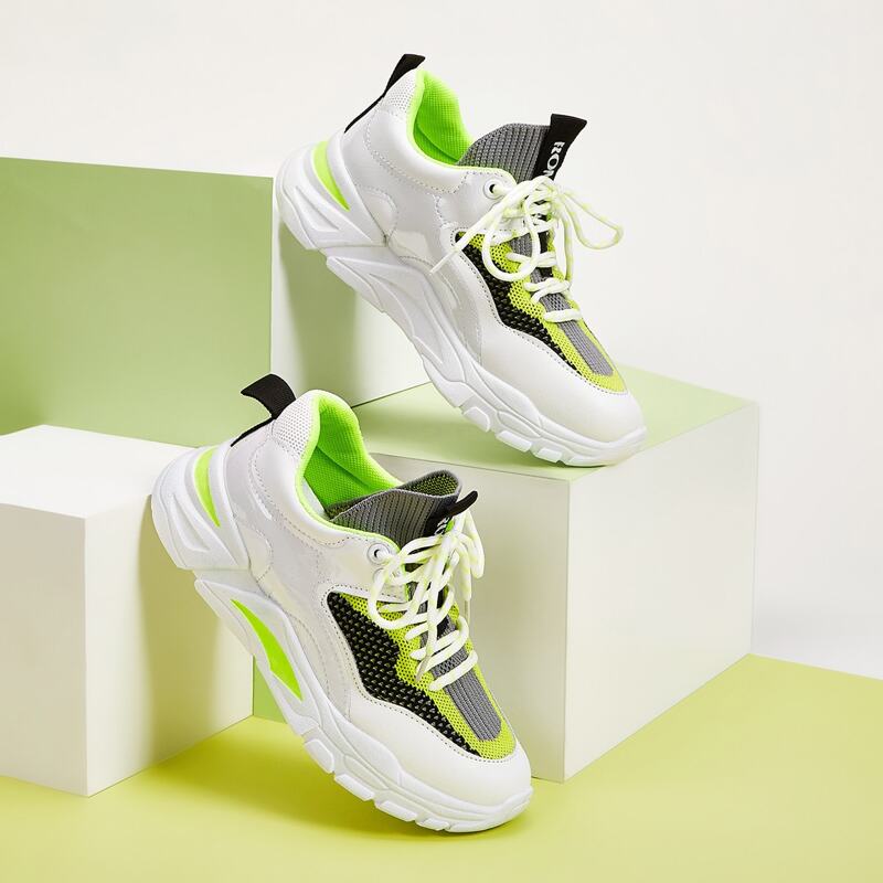 

Knit-stitching Detail Lace-up Thick Sole Sneakers, Multicolor