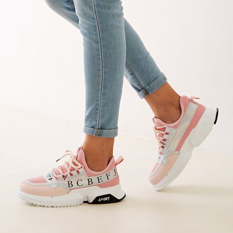 

Letter Graphic Holographic Detail Mesh Chunky Sneakers, Pink