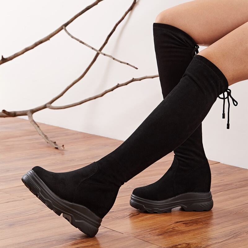 

Back Tie Chunky Sole Knee High Boots, Black