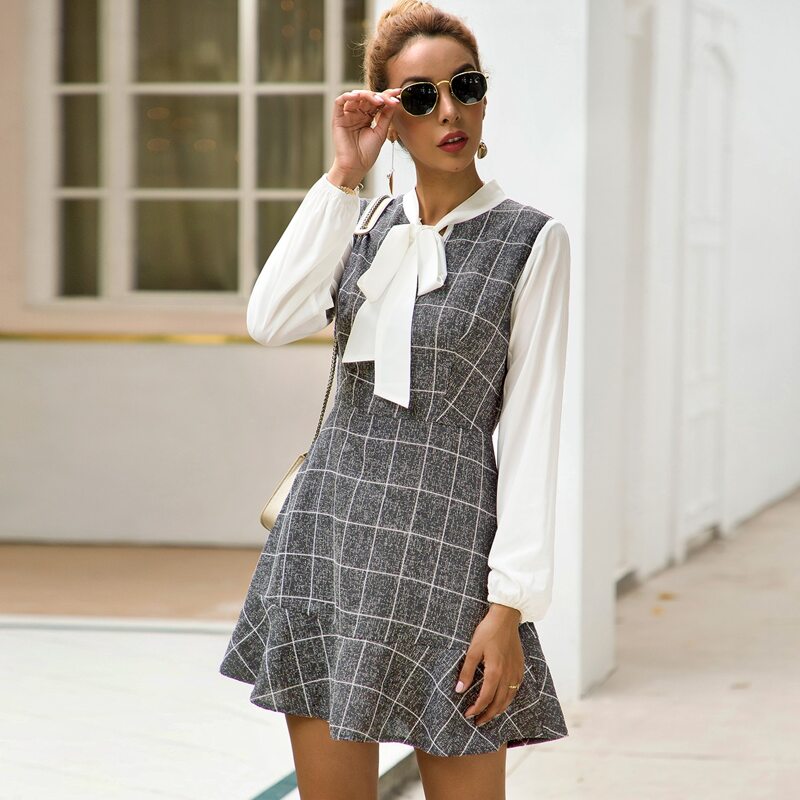 

Tie Neck Contrast Panel Plaid A-line Dress, Grey