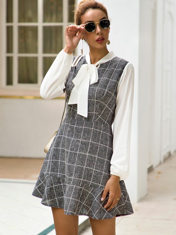 

Tie Neck Contrast Panel Plaid A-line Dress, Grey