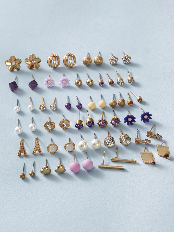 

30pairs Rhinestone & Pearl Decor Stud Earrings, Multicolor