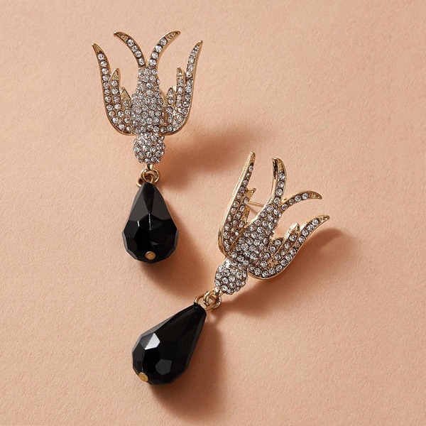 

1pair Rhinestone Engraved Sparrow Drop Earrings, Multicolor