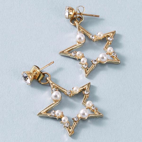 

1pair Rhinestone & Pearl Decor Star Drop Earrings, Gold