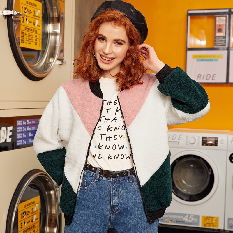

Cut And Sew Teddy Bomber Jacket, Multicolor