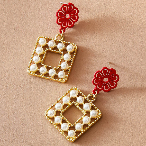 

1pair Pearl Decor Geometric Drop Earrings, Gold