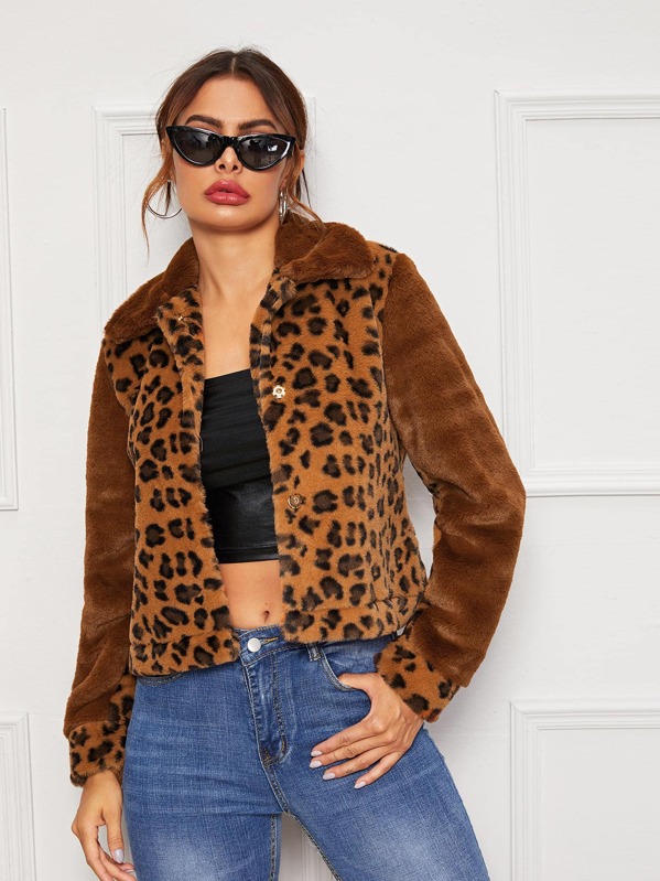 

Contrast Panel Leopard Print Faux Fur Coat, Brown, Andy