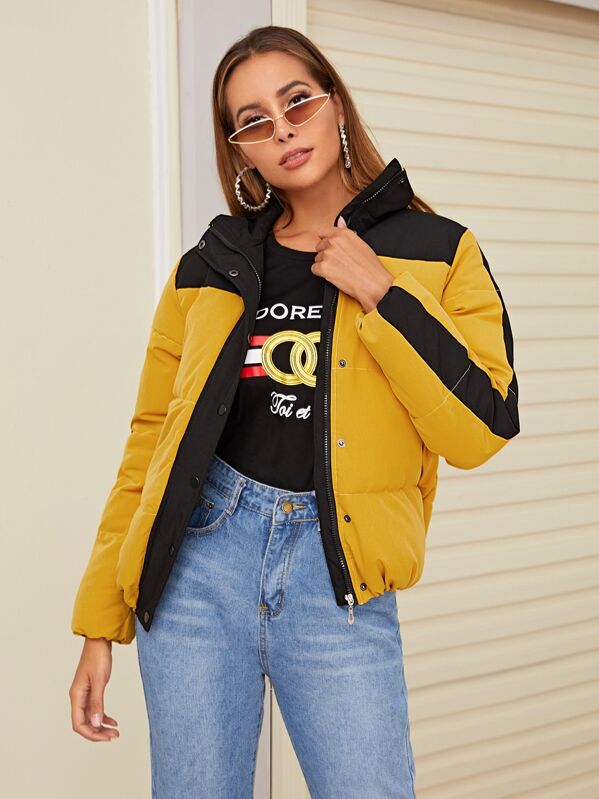 

Contrast Panel Zip Up Puffer Jacket, Yellow, Giulia